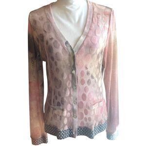 SOGGO Paris Womens Pink Sheer Mesh Cardigan M/L Mixed Polka Dots Eclectic Artsy